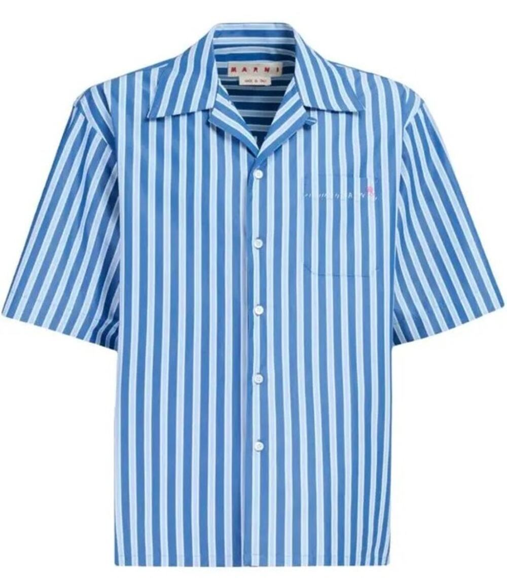 Marni Striped Cotton Bowling Shirt 46 S Black Blue White Short Sleeve Button NWT